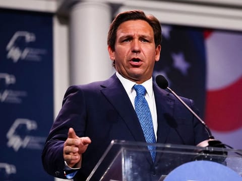 In this file photo taken on November 20, 2022 Republican Florida Governor Ron DeSantis speaks at the Republican Jewish Coalition Annual Leadership Meeting in Las Vegas, Nevada. 