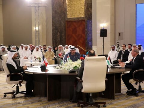 The Prime Minister of Jordan, Dr Sultan Al Jaber, the UAE’s Minister of Industry and Advanced Technology and Special Envoy for Climate Change and the Ministers of Industry in Jordan, Egypt and Bahrain, at the third Industrial Partnership for Sustainable Economic Development meeting.