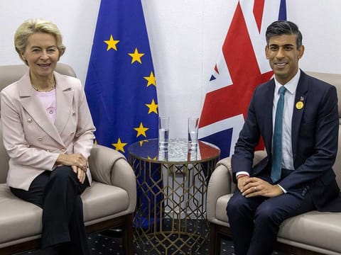 European Commission President Ursula von der Leyen, left, and British Prime Minister Rishi Sunak meet during the COP27 climate summit in Sharm Al Sheikh, Egypt, Nov. 7, 2022. Sunak and Ursula von der Leyen are due to meet, the two sides said Sunday Feb. 26, 2023, with expectations high they will seal a deal to resolve a thorny post-Brexit trade dispute. 