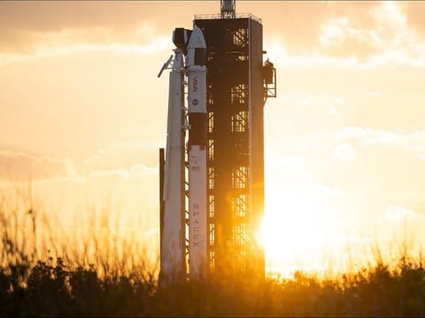 SpaceX Falcon 9 and Dragon spacecraft at Launch Complex 39A at Kennedy Space Centre in Florida, USA
