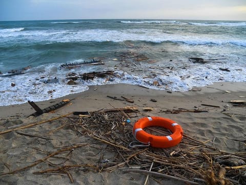 A view taken on February 26, 2023 shows debris of a shipwreck washed ashore in Steccato di Cutro, south of Crotone, after a migrants' boat sank off Italy's southern Calabria region.