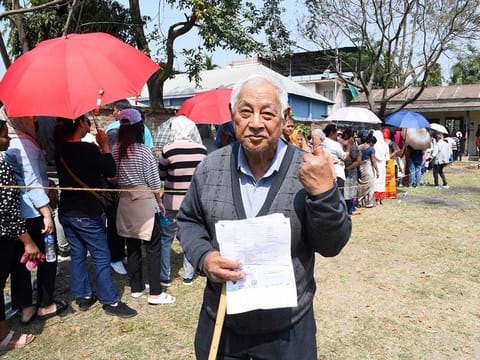 A man shows indelible ink on his finger after casting his vote at a polling booth during the Nagaland Assembly Election 2023, in Dimapur on Monday, Feb 27, 2023.