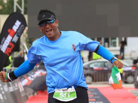 The 44-year-old pediatric surgeon at the finish line earlier this month in Muscat 