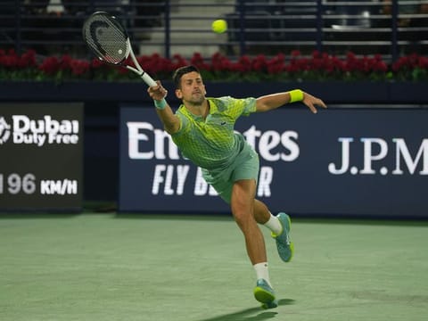World No. 1 Novak Djokovic in action against Czech qualifier Tomas Machac in the first round of the ATP Dubai Duty Free Tennis Championship on Tuesday. Djokovic won in three sets. 