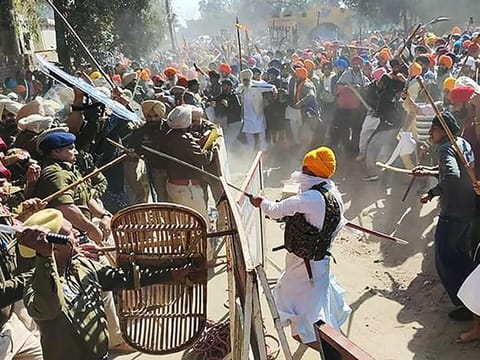 Waris Punab De' group's leader Amritpal Singh's supporters break barricades and enter the police station demanding the release of Amritpal Singh's close aide, in Ajnala near Amritsar