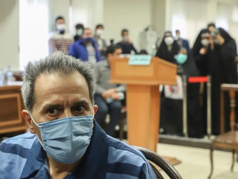 Iranian-German national and US resident Jamshid Sharmahd attends his trial at the Revolutionary Court, in Tehran, in a file picture. Sharmahd, 67, had been convicted of playing a role in a 2008 mosque bombing in the southern city of Shiraz, which killed 14 people and wounded 300.