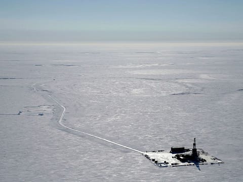 Aerial photo provided by ConocoPhillips shows an exploratory drilling camp at the proposed site of the Willow oil project on Alaska's North Slope. 