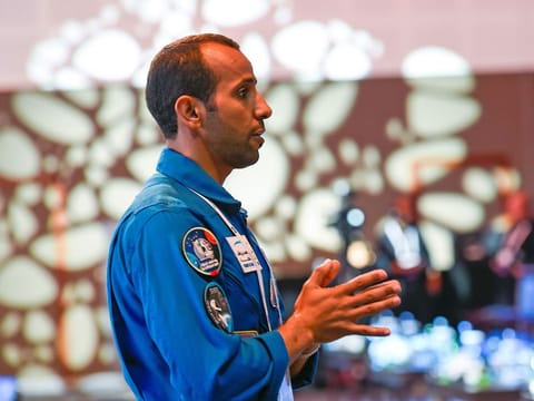 UAE's first astronaut Hazzaa Al Mansoori at SpaceOps 2023 in Dubai