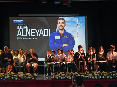 Students of Jumeirah College wait to ask questions to astronaut Sultan Al Neyadi, connecting with him live on the International Space Station.  Photo: Virendra Saklani/Gulf News