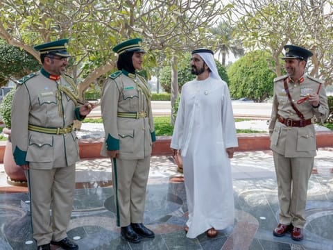 Sheikh Mohammed bin Rashid Al Maktoum during meeting with the high performing graduates of the Dubai Police Academy. Also present is Lieutenant General Abdullah Khalifa Al Marri, Commander-in-Chief of Dubai Police.