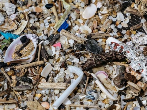 Plastic particles that washed ashore from a sunken container ship in Uswetakeiyawa, Sri Lanka.  