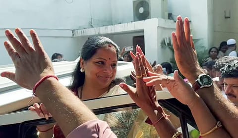 K Kavitha arrives at Enforcement Directorate (ED) office for questioning in connection to the Delhi liquor policy case, in New Delhi on Saturday.  