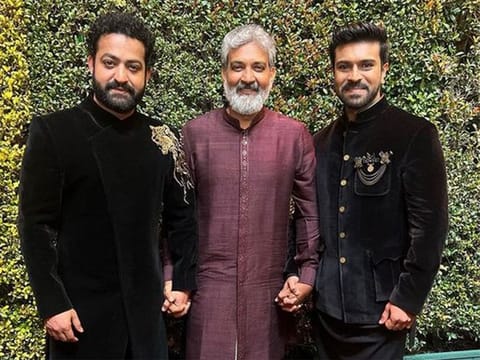 From Left: Jr NTR, SS Rajamouli and Ram Charan at the Oscars 