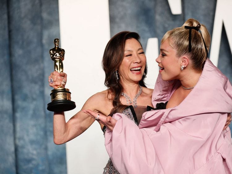 Michelle Yeoh and Florence Pugh at the Oscars after party in Beverly Hills, California.