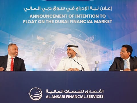  (From left) Mohammad Bitar, Deputy CEO, Al Ansari Financial Services, Rashed Al Ansari, CEO, Al Ansari Financial Services, and Faisal Anwar, CFO, Al Ansari Financial Services, announce the intention for Al Ansari Financial Services to float on the Dubai Financial Market.