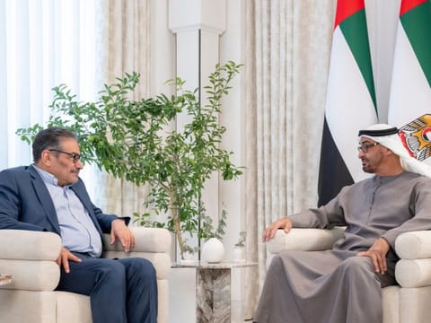 Sheikh Mohamed bin Zayed during a meeting with the Secretary of Iran's Supreme National Security Council Ali Shamkhani in Abu Dhabi on March 16, 2023.  