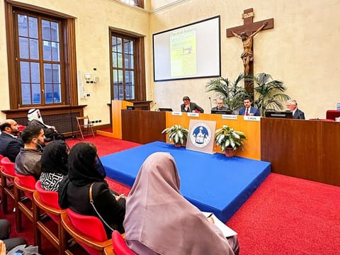 Ahmed Al Ameri (second from right), Chairman of the Sharjah Book Authority, during the opening ceremony of the International Festival of Arabic Language and Culture in Milan, (to his right: Giovanni Gobber, Dean of the Faculty of Linguistic Sciences and Foreign Literatures, Catholic University of the Sacred Heart; and Dr Wael Farouq, Professor of Language, Arabic Literature and Islamic Studies, Catholic University)