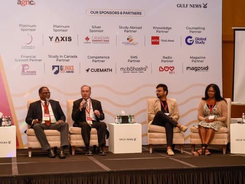 Mario Fonseka, Dean, Business Studies, University of Bolton, Daniel Adkins, Group CEO of Transnational Academic Group, Management Service Provider of Curtin University Dubai, Varun Jain, Founder and CEO, UniHawk and Sherma Johnson-Gray, Careers Consultant, University of Birmingham Dubai during the panel discussion at Gulf News Edufair 