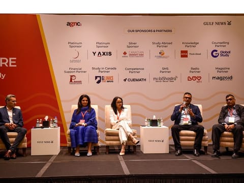 Bashaar Ansari Manager, Recruitment (Japan, LATAM, ME, Africa and Pakistan), York University, Vandana Mahajan,  Founder, Futures Abroad, Kiran Kaur - Business Head, Acquisitions, GLinks, Rahul Paitka – Director, Charms Education & Immigration, Dr Muhammad Yousuf Qadri, Chief Executive Officer, Qadri International during a panel discussion on Study Abroad on the final day of GN EduFair 2023 at Ritz Carlton Dubai. 