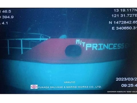 A screengrab shows the sunken MT Princess Empress tanker taken on March 21, 2023. It was from a video taken by remotely operated vehicle owned by a Japanese salvage company and shared by Governor Homberlito Dolor of Oriental Mindoro province.