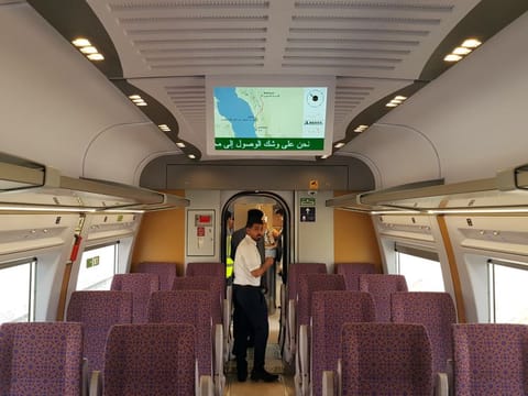 An inside view of the Haramain speed train in Jeddah. The service plans more than 2,700 journeys on the Haramain train providing 1.3 million seating to cope with the increasing demand for moving between Mecca and Medina during Ramadan, which is anticipated to end on April 9.