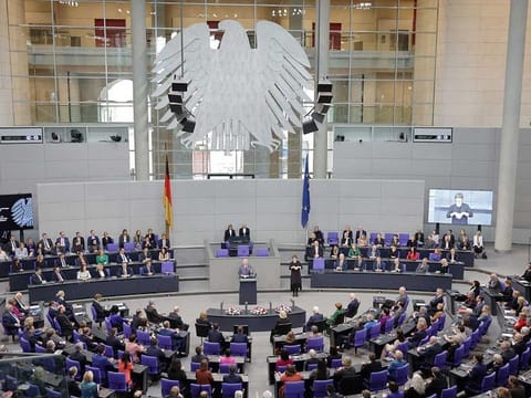 King Charles III addresses members of the German Bundestag at the Reichstag Building on March 30, 2023 in Berlin, Germany. 