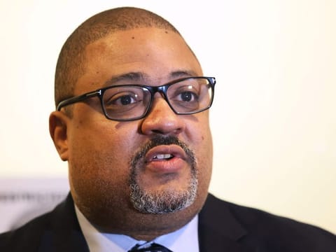 In this file photo taken on January 13, 2023 Manhattan District Attorney Alvin Bragg speaks at a press conference after the sentencing hearing of the Trump Organization at the New York Supreme Court in New York City.  Bragg became the first prosecutor in US history to charge a former or sitting president when he filed his indictment against Donald Trump.  