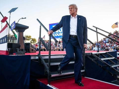 Former president Donald Trump after speaking at a campaign rally at Waco Regional Airport on March 25, 2023, in Waco, Tex.  
