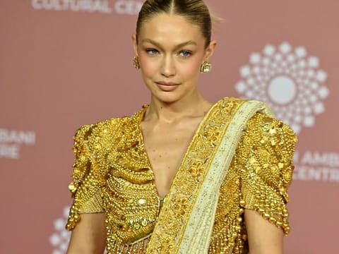  In this picture taken on April 1, 2023, US model Gigi Hadid poses for pictures during the inauguration of the Nita Mukesh Ambani Cultural Centre (NMACC) at the Jio World Centre (JWC) in Mumbai.  