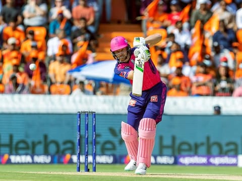 Rajasthan Royals Jos Buttler plays a shot during their match against Sunrisers Hyderabad in the Indian Premier League at Rajiv Gandhi International Stadium, in Hyderabad.