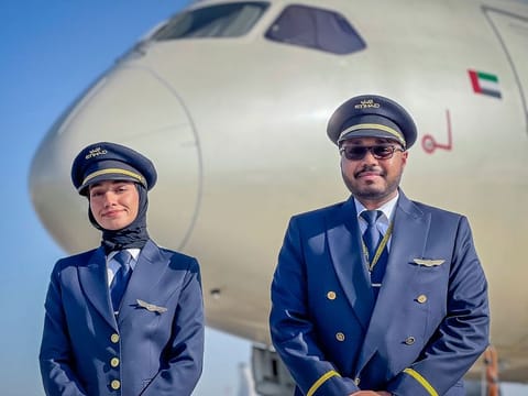 Etihad Airways' cadet pilots get a feel of take-offs and landings on the Dreamliner. Pictured here are Second Officers Aya Saleh Alaudhli and Abdulla Rasheed Alsheebani.