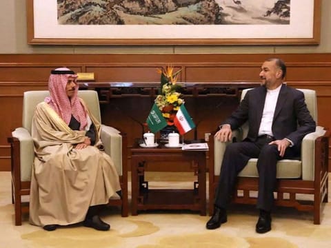  This handout picture provided by the Iranian foreign ministry shows Iran's Foreign Minister Hossein Amir-Abdollahian (R) and Saudi Foreign Affairs Minister Prince Faisal bin Farhan (L) meeting in Beijing on April 6, 2023. 