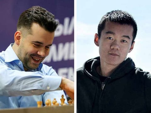 A combination photo showing Ian Nepomniachtchi, left, and Ding Liren.