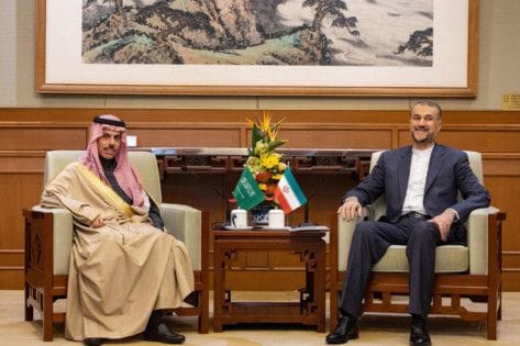 Saudi Foreign Affairs Minister Prince Faisal bin Farhan (left) and Iran's Foreign Minister Hossein Amir-Abdollahian met in Beijing on April 6, 2023. 