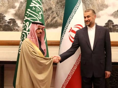 Iranian Foreign Minister Hossein Amir-Abdollahian meets with Saudi Arabia's Foreign Minister Prince Faisal bin Farhan Al Saud in Beijing, China, April 6, 2023. 
