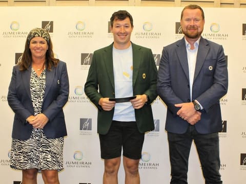 Evelyn Downham (Ladies Captain), JJ O’Toole (JGE Masters Champion) and Jonathan Hall
