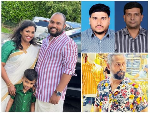 Big Ticket week 1 winners (clockwise from left): Rajeev with his wife and their son, Muhammed Mufeer, Arun Panicker and Hassan Kutty.