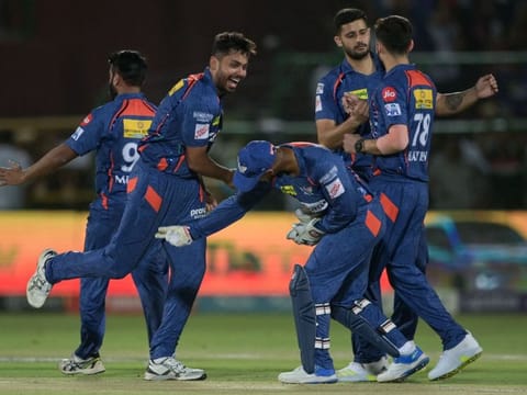 Lucknow Super Giants' players celebrate after winning the match between against Rajasthan Royals.