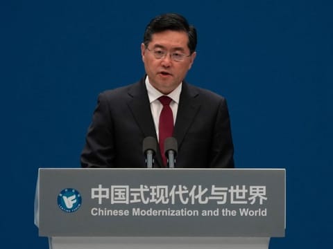 Chinese foreign minister Qin Gang speaks during the forum titled Chinese Modernisation and the World held at The Grand Halls in Shanghai on April 21, 2023.  