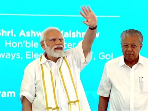 Prime Minister Narendra Modi gestures to supporters while laying the foundation stone for the Digital Science Park in Thiruvananthapuram on Tuesday, April 25, 2023.