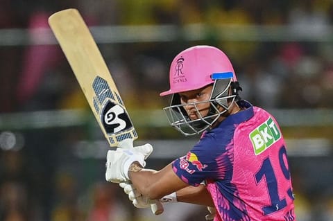 Rajasthan Royals' Yashasvi Jaiswal plays a shot during the Indian Premier League Twenty20 match against Chennai Super Kings in Jaipur on Thursday.