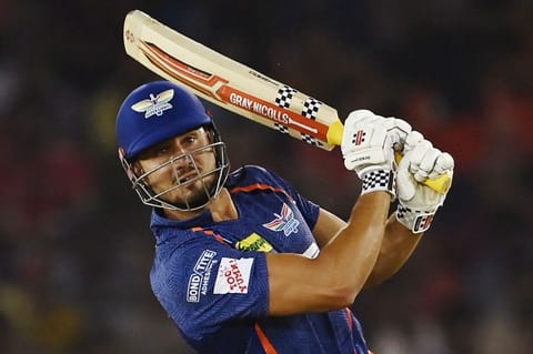 Lucknow Super Giants' Marcus Stoinis plays a shot during the IPL match against Punjab Kings in Mohali on Friday.