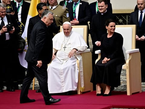 Pope Francis, Hungary's President Katalin Novak and Prime Minister Viktor Orban attend a welcome ceremony, during Pope's apostolic visit to Hungary, at the Sandor Palace in Budapest, on April 28, 2023.  