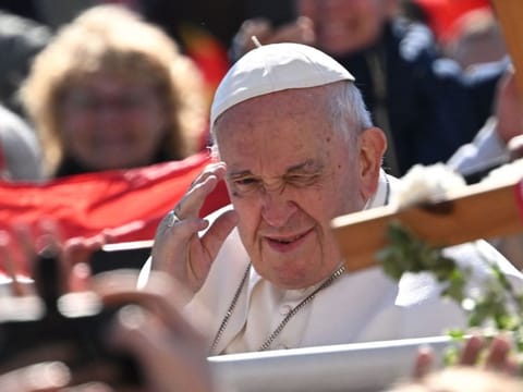 Pope Francis arrives to celebrate a holy mass at Kossuth Lajos' Square during his visit in Budapest on April 30, 2023, the last day of his tree-day trip to Hungary.