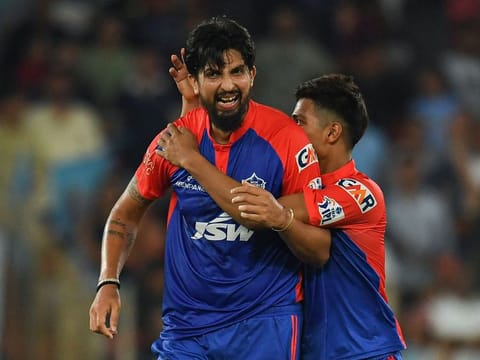 Delhi Capitals' Ishant Sharma (left) celebrates after winning the Indian Premier League match against Gujarat Titans in Ahmedabad on Tuesday.