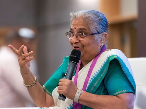 Indian author Sudha Murty speaking at the Sharjah Children's Reading Festival.