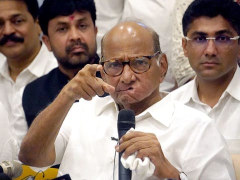 Nationalist Congress Party (NCP) leader Sharad Pawar addresses the press conference announcing his decision to withdraw his resignation as party president, in Mumbai on May 5, 2023. Any deal with the NCP for the general election will only be on his terms. 