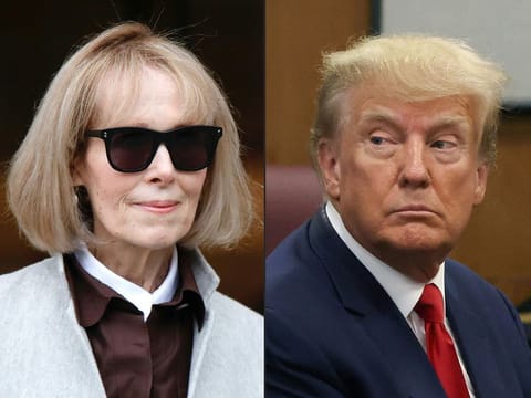  This combination of pictures created on May 09, 2023 shows Writer E. Jean Carroll at the Manhattan Federal Court in New York on April 25, 2023 and former US president Donald Trump at the Manhattan Criminal Court in New York on April 4, 2023.