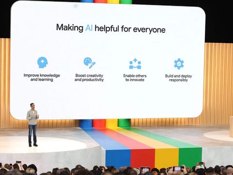  Alphabet CEO Sundar Pichai delivers the keynote address at the Google I/O developers conference at Shoreline Amphitheatre on May 10, 2023 in Mountain View, California.