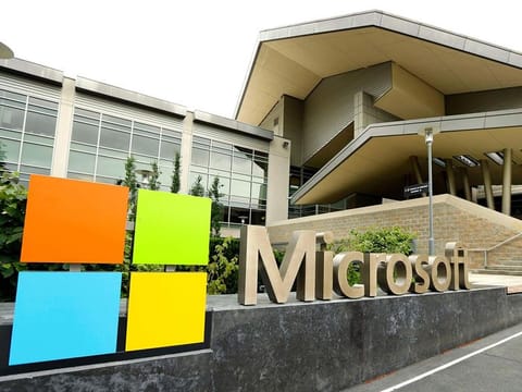 Microsoft Corp. logo is displayed outside the Microsoft Visitor Center in Redmond, Washington. 